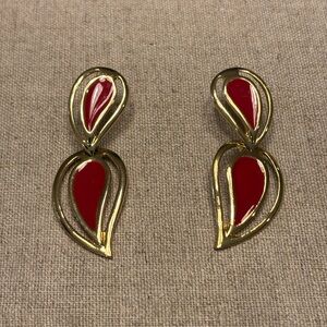 Vintage Style Gold Tone & Red Enamel Statement Drop Earrings